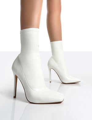 Lars White Pu Sock High Heeled Ankle Boots
