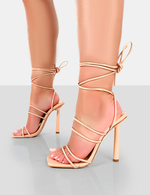 Make Way Nude Patent Strappy Lace Up Square Toe Stilettos