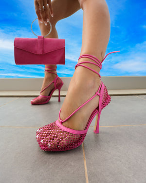 Longshot Hot Pink Sparkly Diamante Wrap Around Mesh Heels