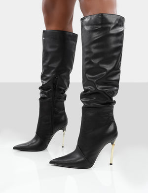 Monica Black PU Pointed Toe Stiletto Knee High Boots