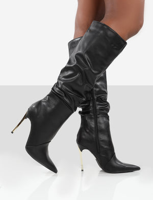 Monica Black PU Pointed Toe Stiletto Knee High Boots