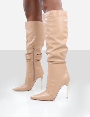 Monica Nude PU Pointed Toe Stiletto Knee High Boots