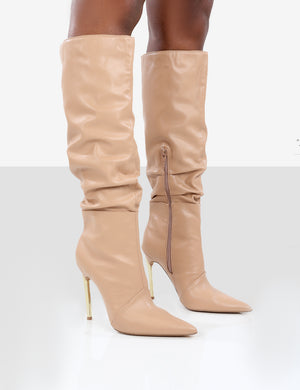 Monica Nude PU Pointed Toe Stiletto Knee High Boots