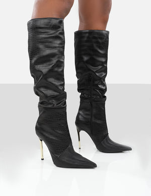 Monica Black Croc Ecru PU Pointed Toe Stiletto Knee High Boots