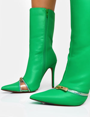 Pitstop Green Pu Zip Detail Pointed Toe Stiletto Heel Ankle Boots