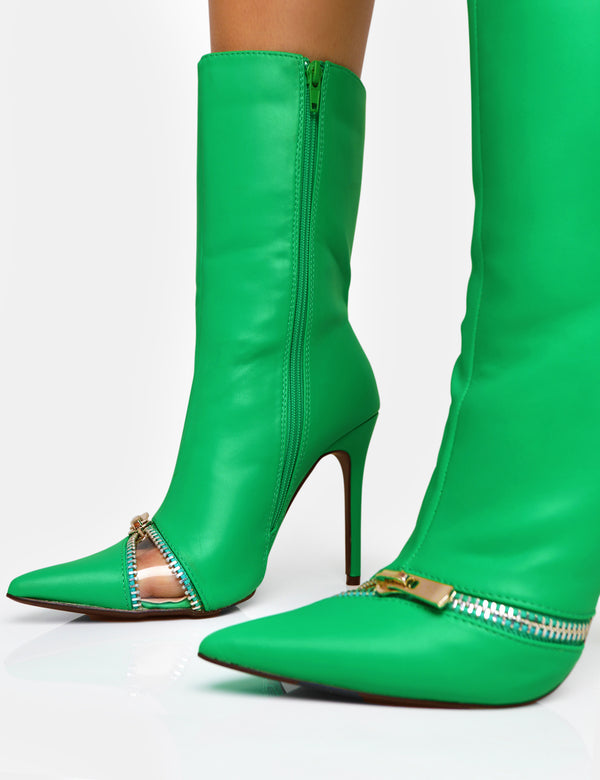 Pitstop Green Pu Zip Detail Pointed Toe Stiletto Heel Ankle Boots