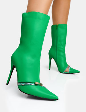 Pitstop Green Pu Zip Detail Pointed Toe Stiletto Heel Ankle Boots