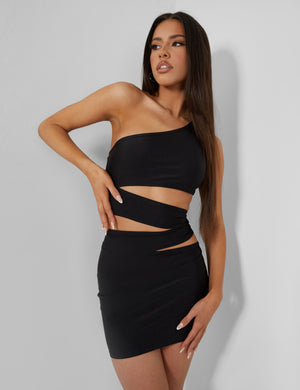 One Shoulder Asymetric Cut Out Mini Dress Black