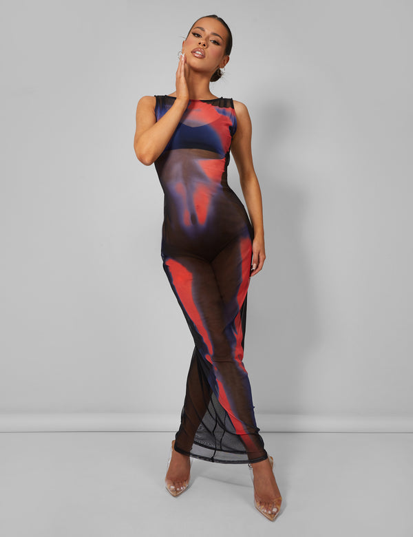 Body Heat Print Mesh Maxi Dress Multi