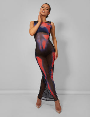 Body Heat Print Mesh Maxi Dress Multi