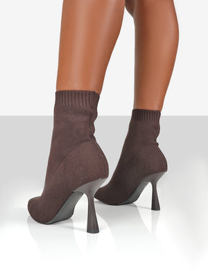 Refine Chocolate Brown Knit Pointed Sock Stiletto Ankle Boots