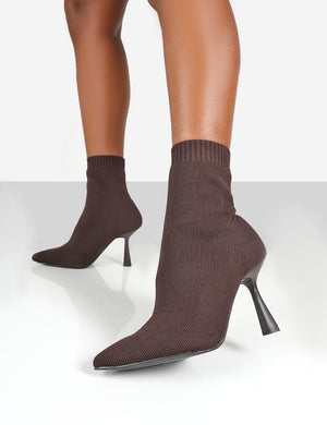 Refine Chocolate Brown Knit Pointed Sock Stiletto Ankle Boots