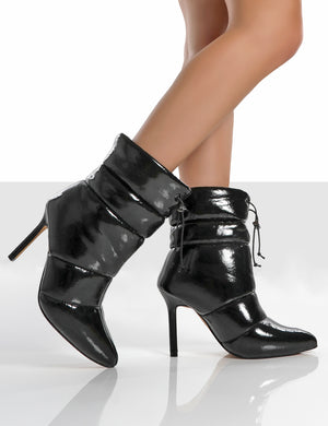 Reset Black Patent Puffer Drawstring Stiletto Heeled Boots