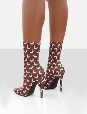 Saturn Return Brown Pointed Toe Stiletto Printed Sock Boots