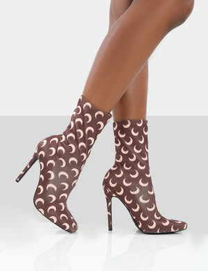 Saturn Return Brown Pointed Toe Stiletto Printed Sock Boots