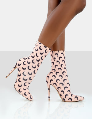 Saturn Return Pink Pointed Toe Stiletto Printed Sock Boots
