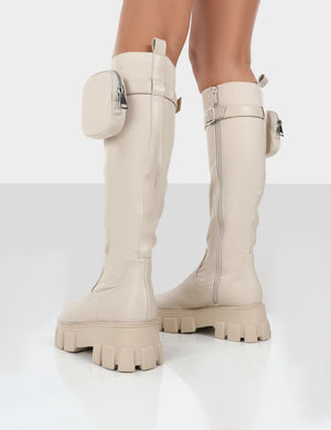 Showing Up Ecru PU Chunky Sole Pocket Detail Knee High Boots