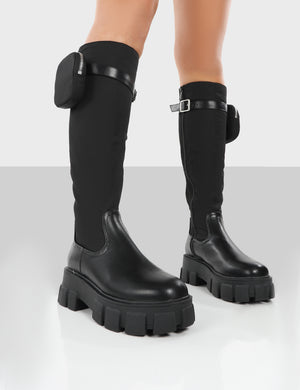 Showing Up Black PU Platform Chunky Sole Pocket Detail Knee High Boots