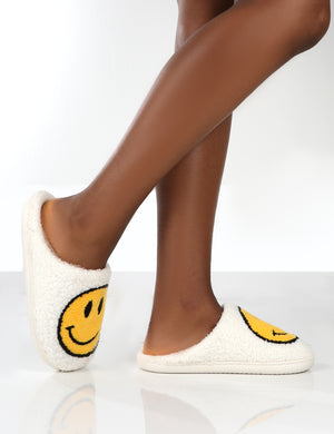 Smile White Printed Smiley Face Slippers