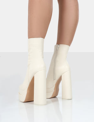 Supine Wide Fit Ecru Pu Chunky Platform High Heeled Block Ankle Boots
