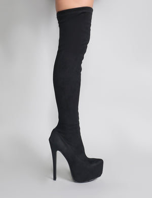 Kellie Platform Over The Knee Boots in Black Faux Suede