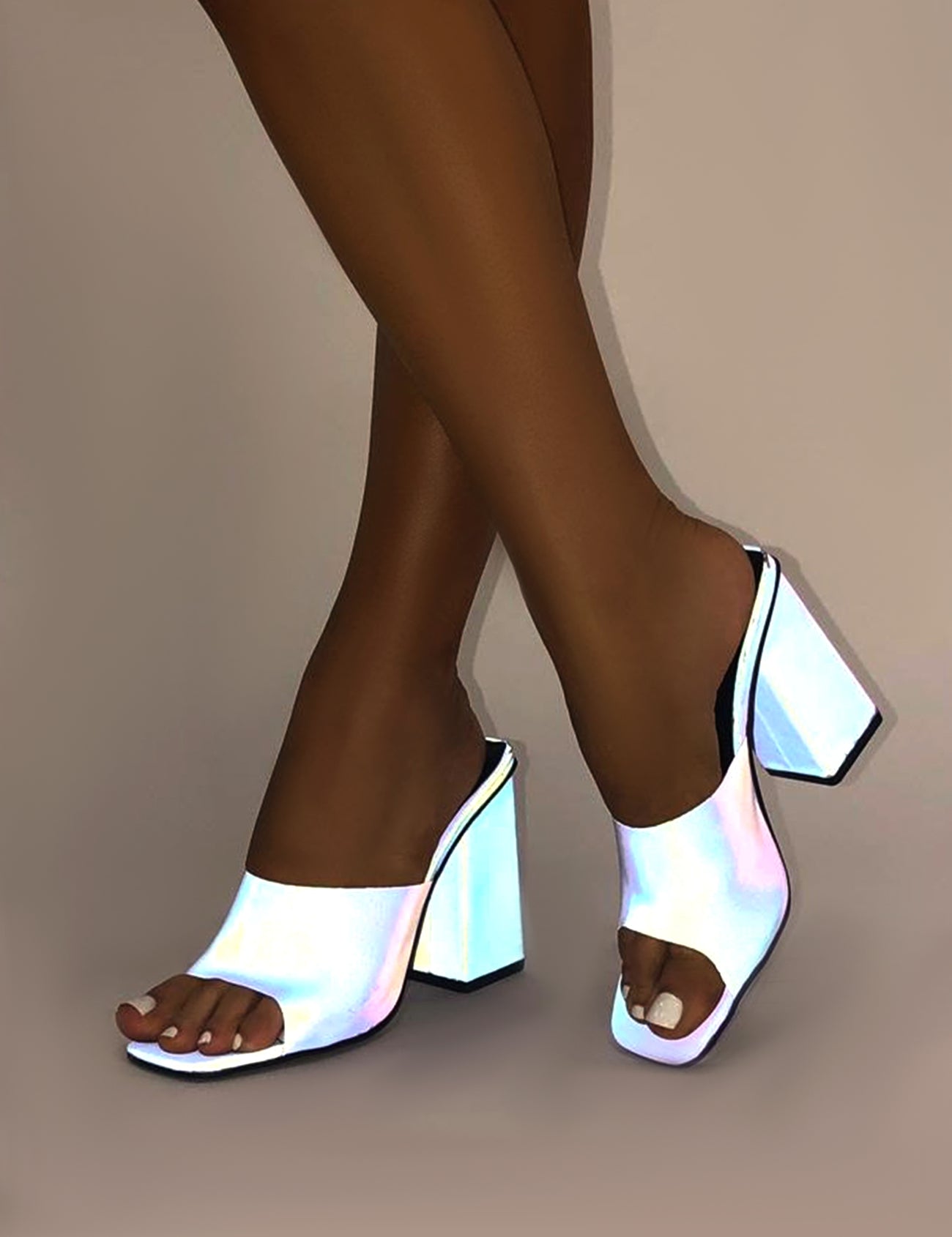 Pixel Blue Reflective Block Heeled Mules Public Desire